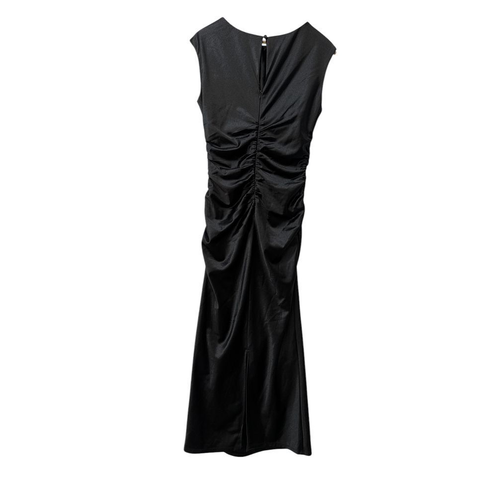 Chelsea28 Elegant Black Satin Ruched Midi‎ Dress Cocktail Party Formal Size S - Picture 5 of 5
